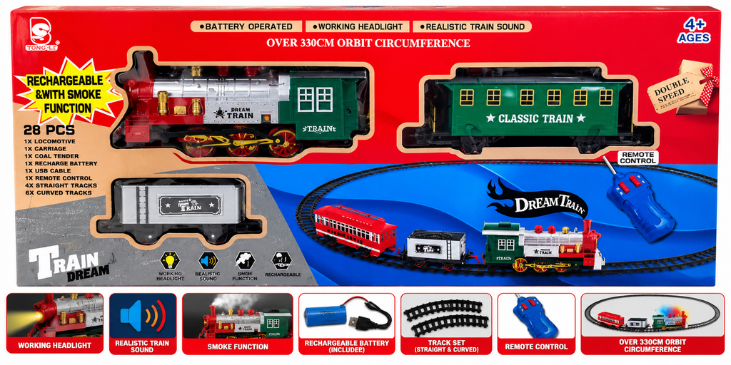 Dream Train 26 Pcs Rechargeable Remote Control Train Set with Smoke, Light & Sound