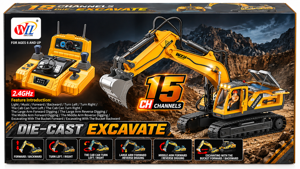 WL 15 Channel 2.4GHz Remote Control Die-Cast Excavator with Light & Sound