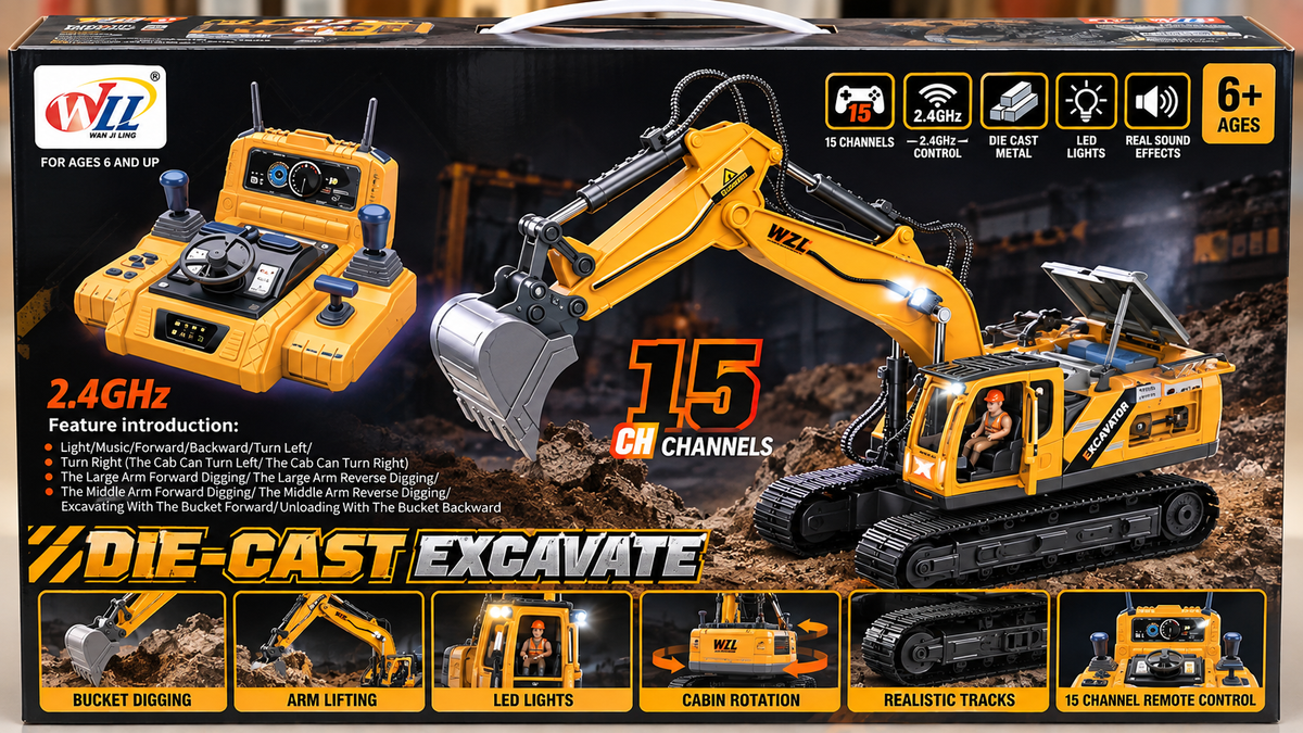 WL 15 Channel 2.4GHz Remote Control Die-Cast Excavator with Light & Sound