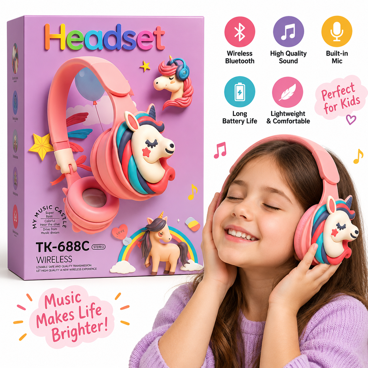 Kids Unicorn Wireless Headphones – Cute Over-Ear Headset (TK-688C)