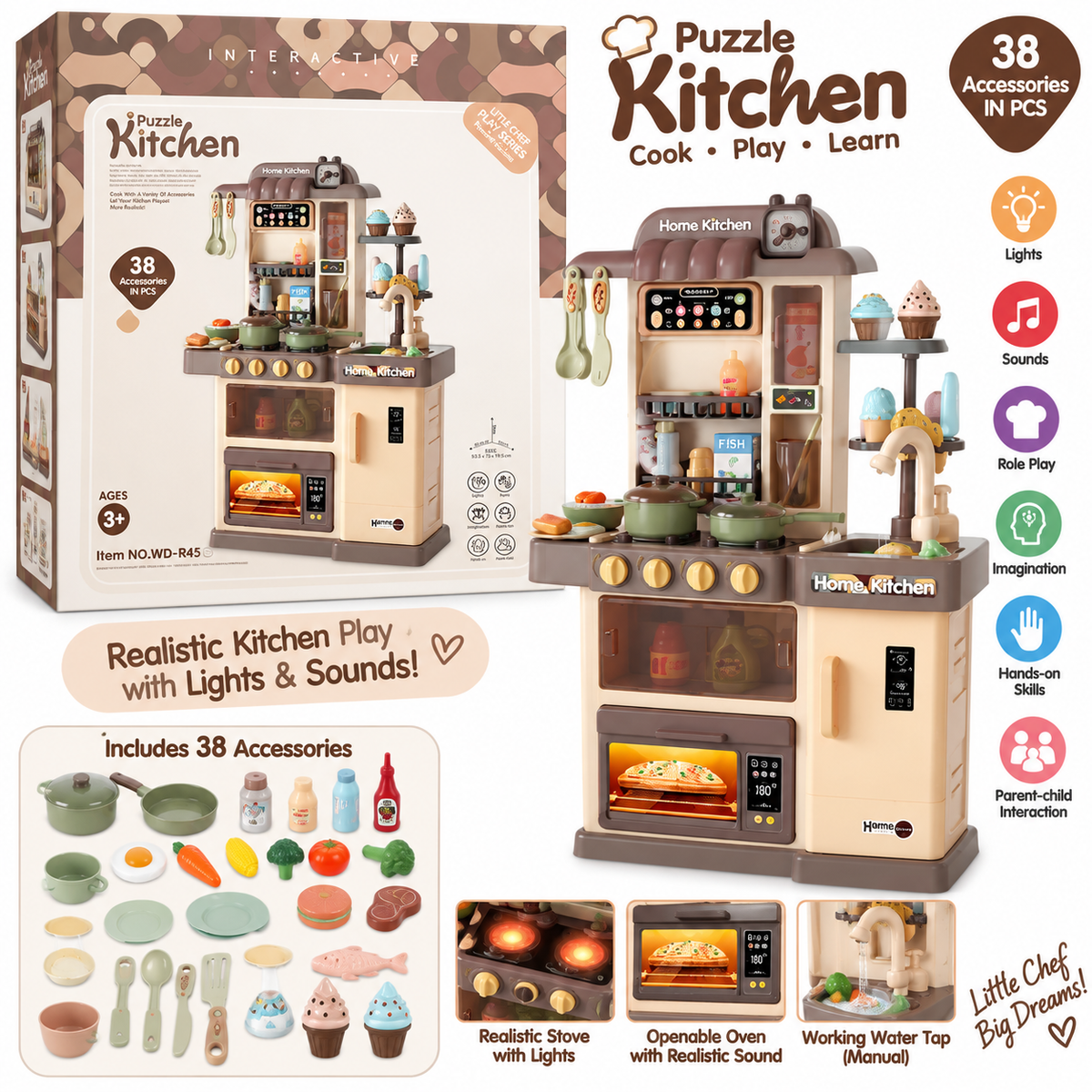 Interactive Puzzle Kitchen 38 Pcs Pretend Play Kitchen Set for Kids WD-R45 3+ Years