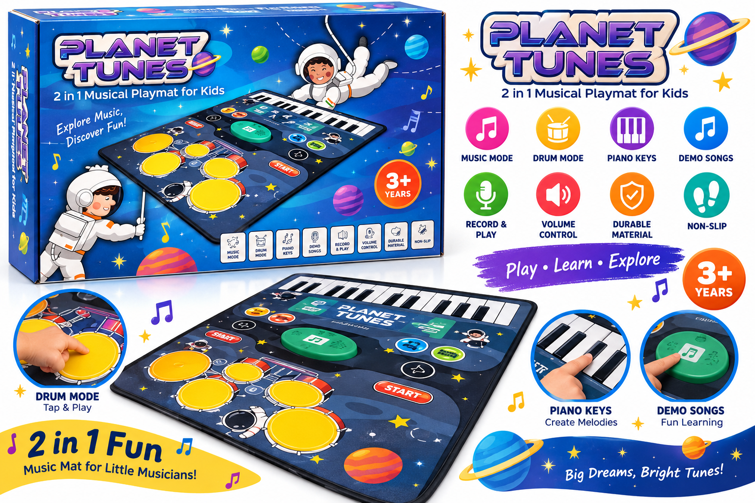 Planet Tunes 2-in-1 Musical Piano & Drum Playmat for Kids – 3 Years+
