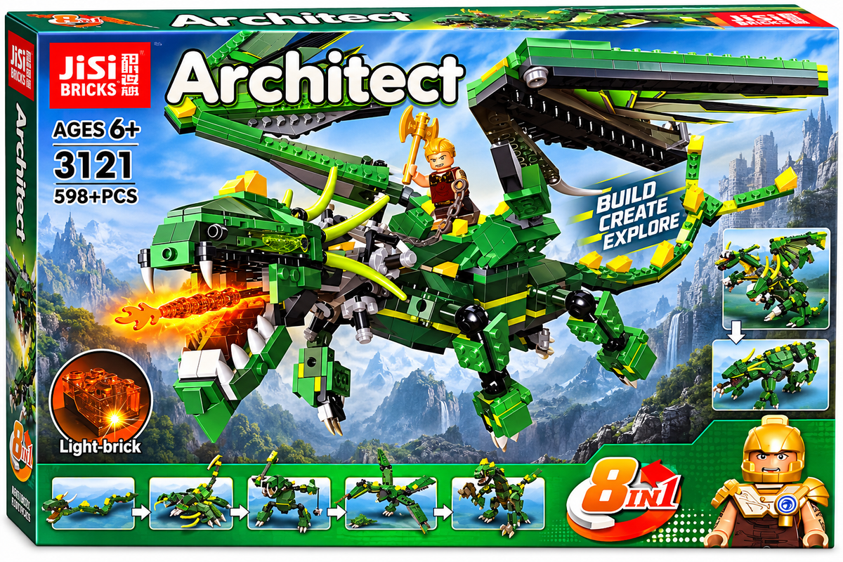 JiSi Bricks Architect 8-in-1 Green Dragon Building Blocks Set with Light Brick – 598+ PCS 6Y+