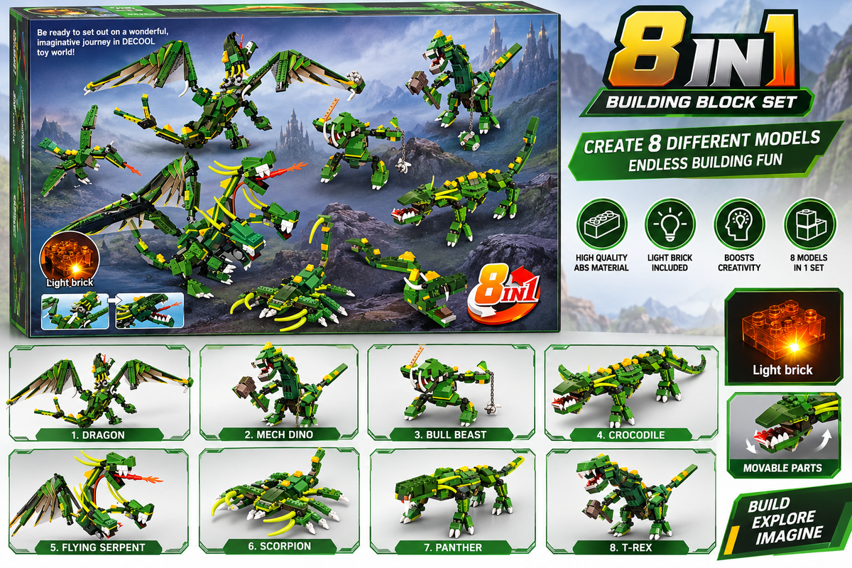 JiSi Bricks Architect 8-in-1 Green Dragon Building Blocks Set with Light Brick – 598+ PCS 6Y+