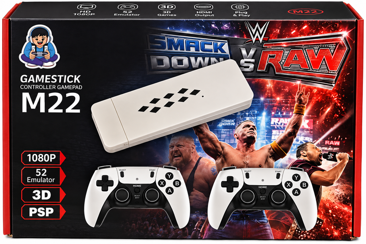 M22 Retro Game Stick Console with Dual Wireless Controllers – 1080P 52 Emulators