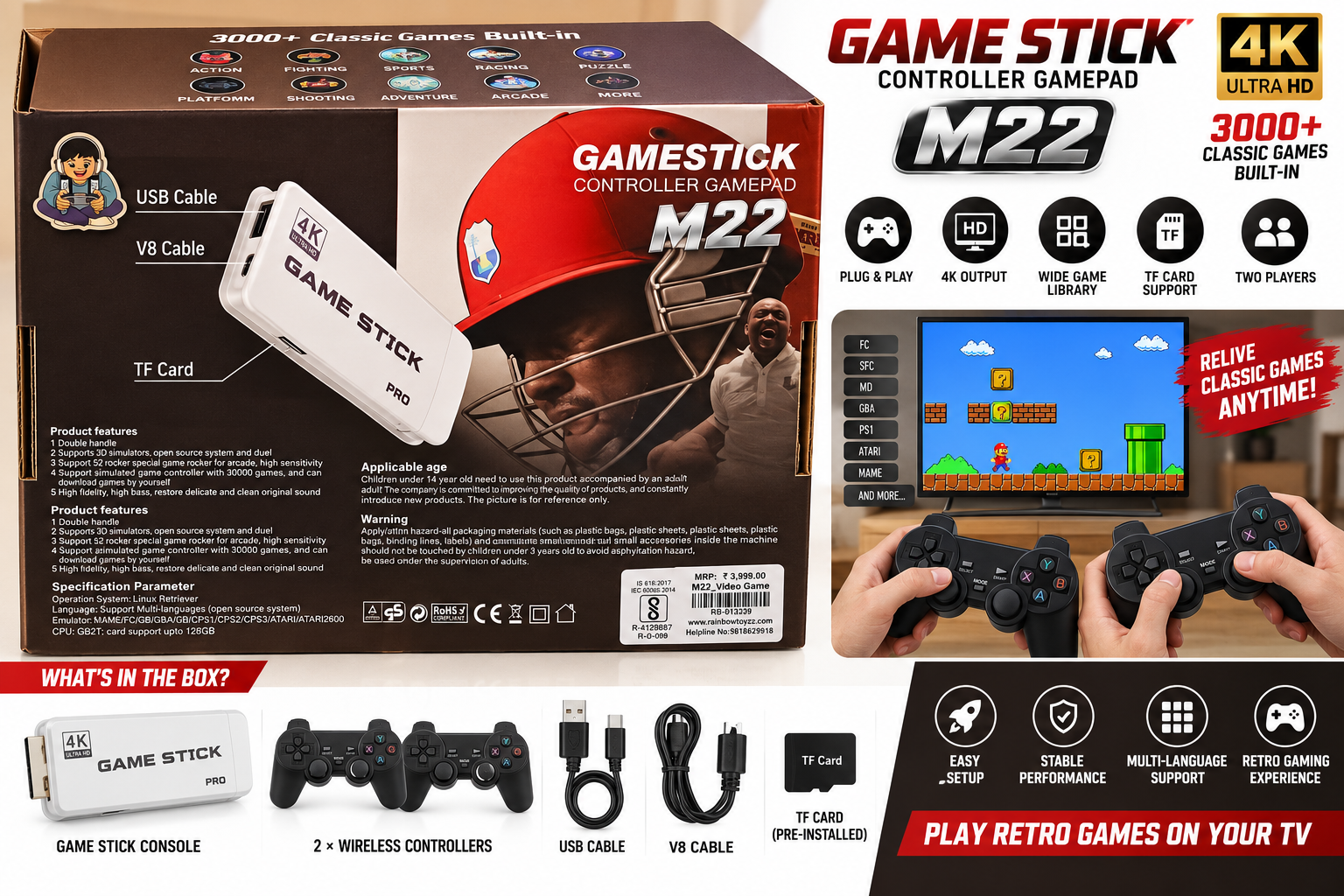 M22 Retro Game Stick Console with Dual Wireless Controllers – 1080P 52 Emulators