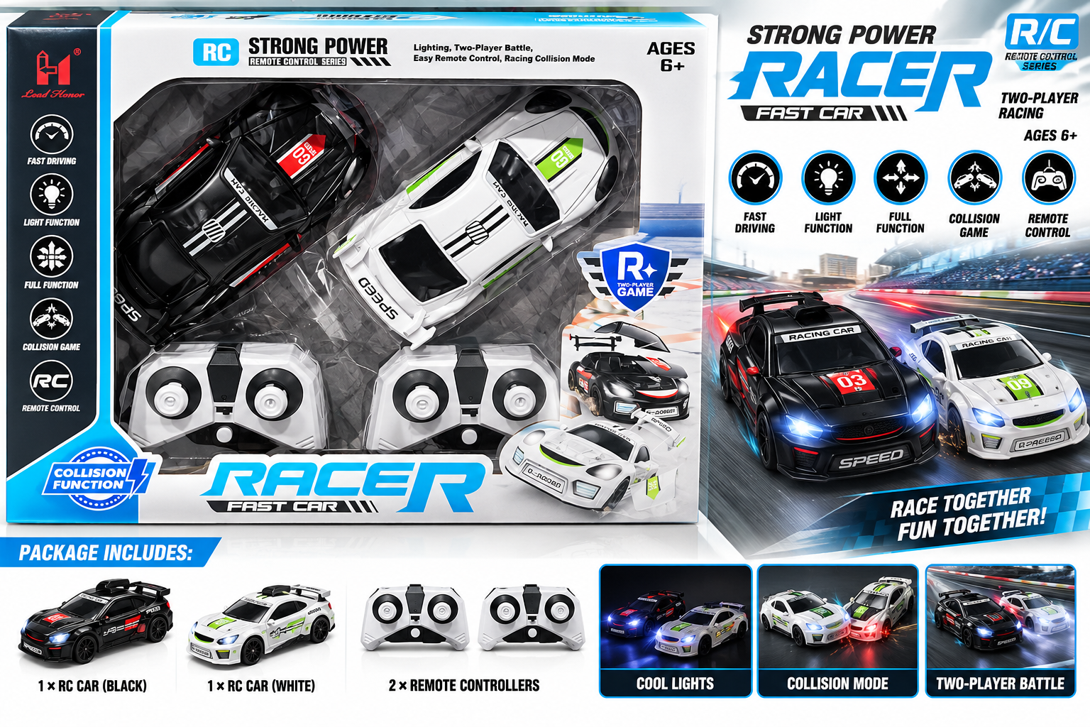 Lead Honor Racer 2-Player RC Racing Car Battle Set with Collision Function & Lights – 6Y+