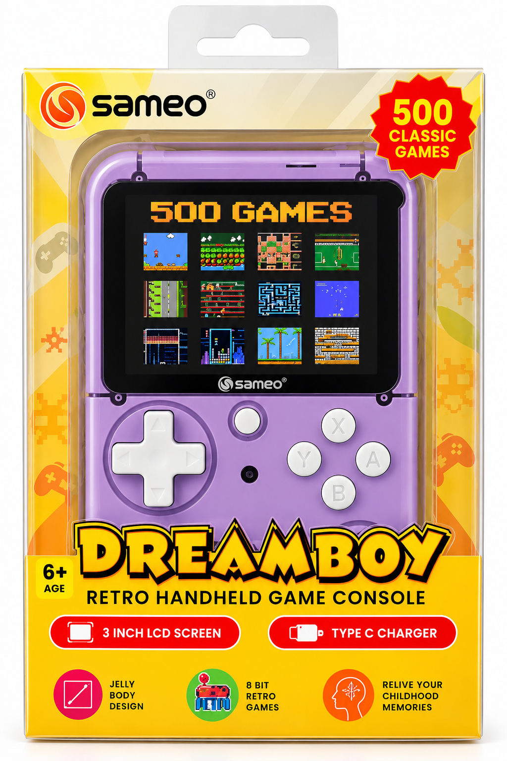 Sameo Dreamboy Retro Handheld Game Console – 500 Classic Games | 3-Inch LCD | Type-C Charging – Purple