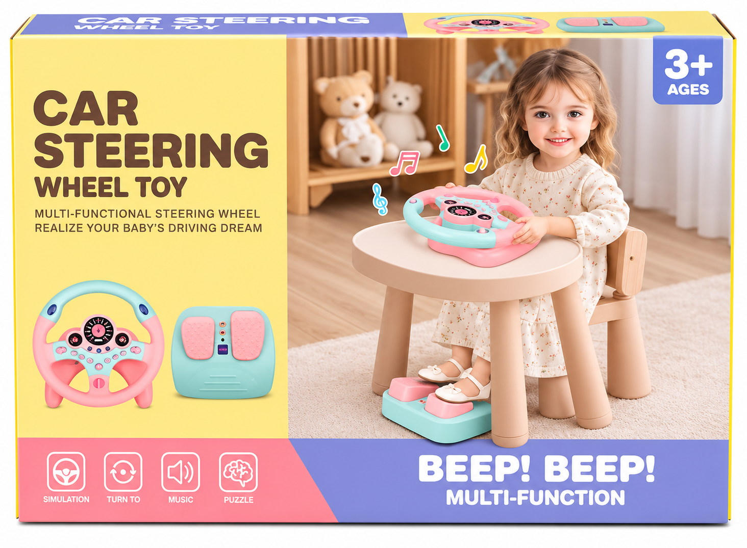 Multi-Functional Car Steering Wheel Driving Simulator Toy with Pedals, Music & Sound – 3+ Years