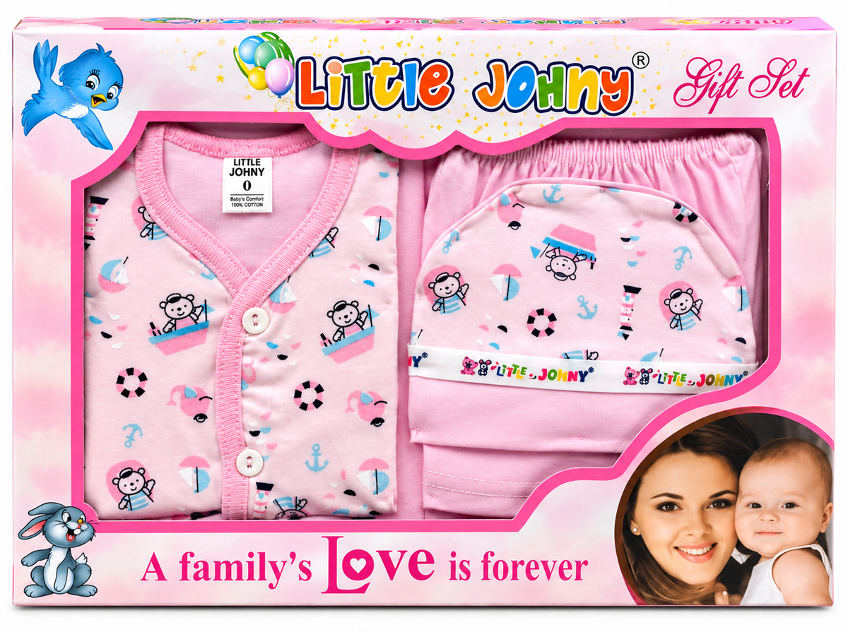 Little Johny Newborn Baby 100% Cotton Clothing Gift Set with Cap – Pink