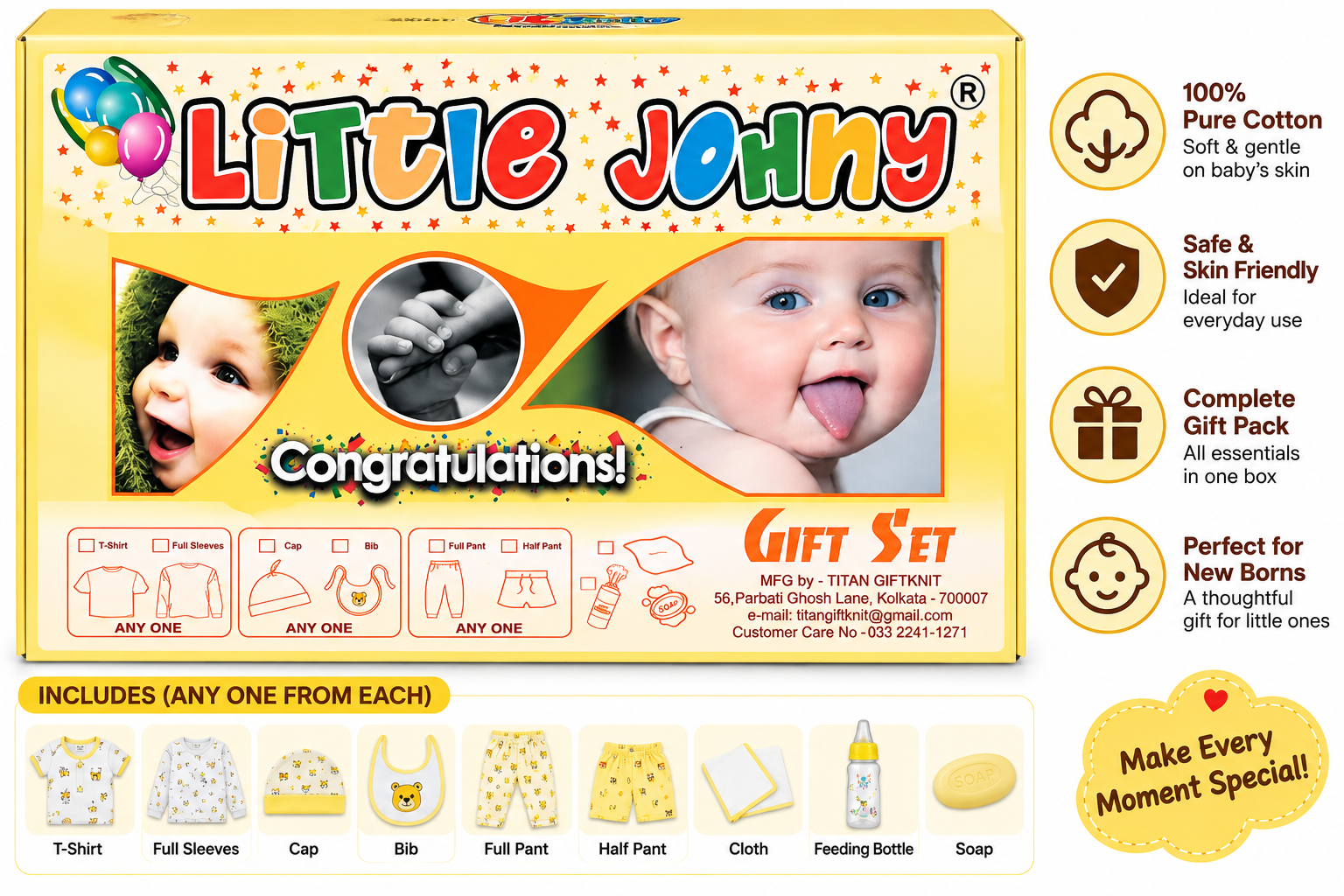 Little Johny Newborn Baby 100% Cotton Clothing Gift Set with Cap – Yellow