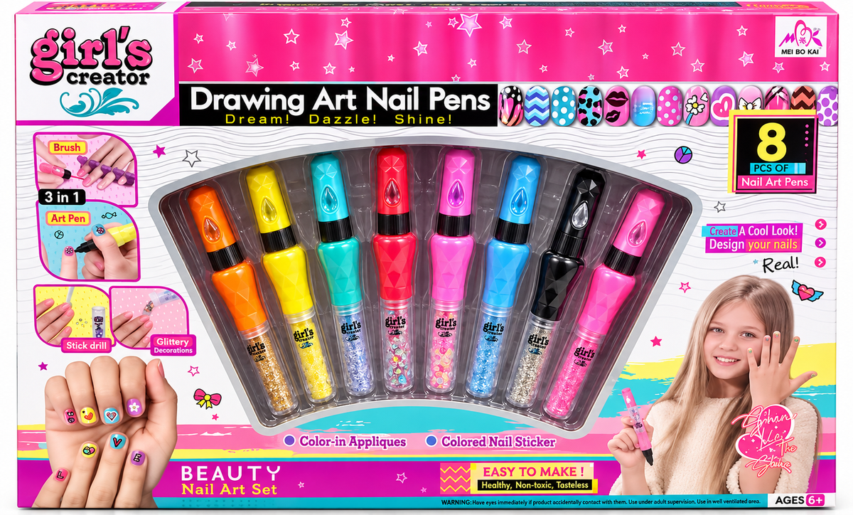 Girls Creator Drawing Art Nail Pens – 8 Pcs 3-in-1 DIY Nail Art & Decoration Set | 6+ Years