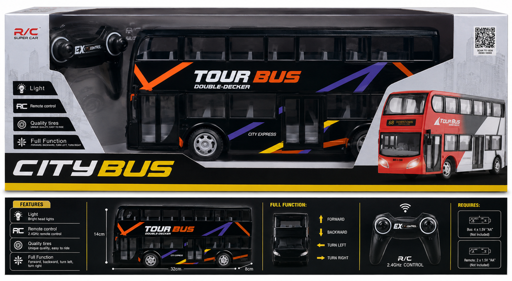 Rainbow Toys Remote Control Double-Decker Tour Bus – City Bus with Lights & Full Function Control