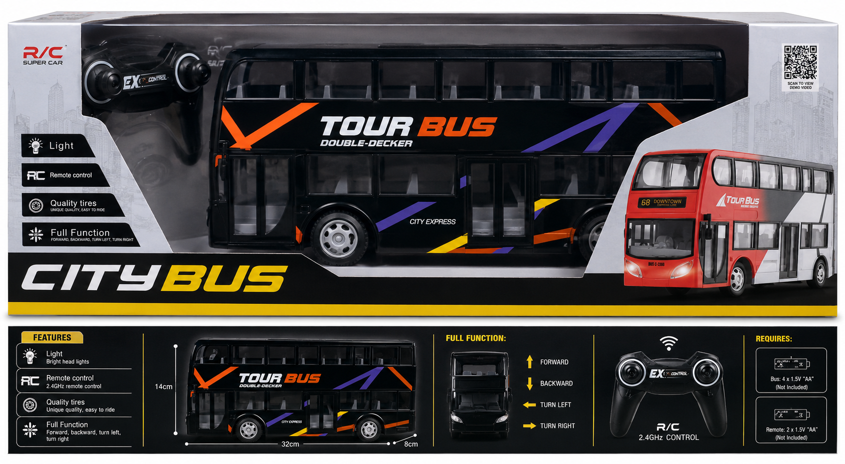 Rainbow Toys Remote Control Double-Decker Tour Bus – City Bus with Lights & Full Function Control
