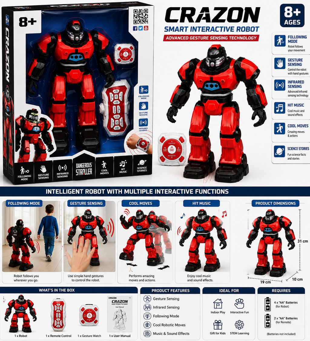 CRAZON Smart Gesture Sensing Robot Toy with Remote Control, Following & Infrared Sensing – 8+ Years