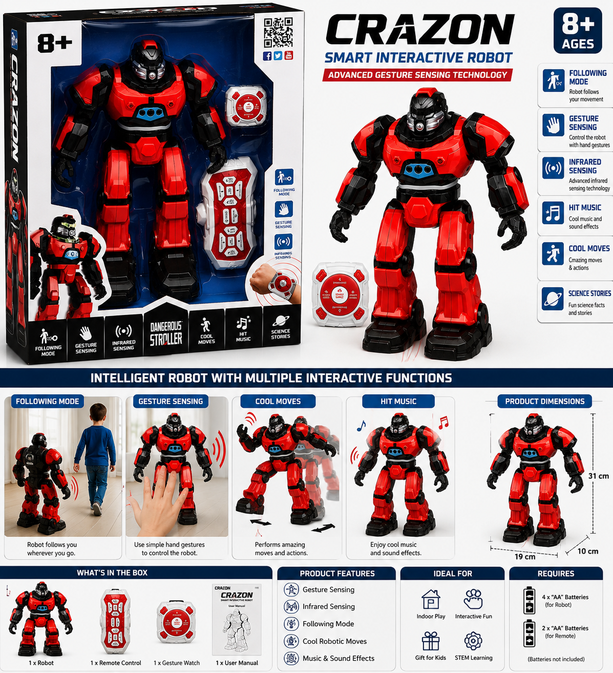 CRAZON Smart Gesture Sensing Robot Toy with Remote Control, Following & Infrared Sensing – 8+ Years