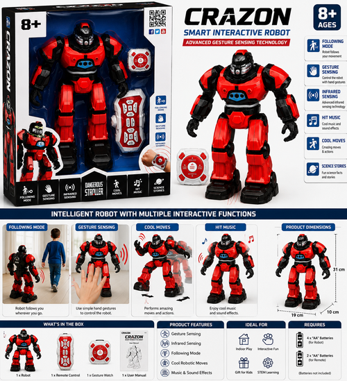 CRAZON Smart Gesture Sensing Robot Toy with Remote Control, Following & Infrared Sensing – 8+ Years