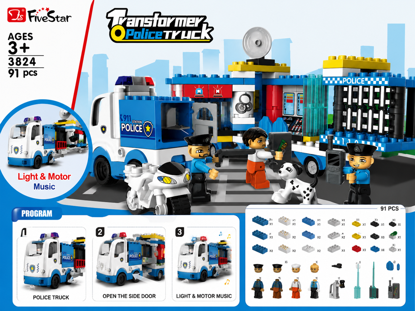 FiveStar Transforming Police Truck Building Blocks Set – 91 Pcs
