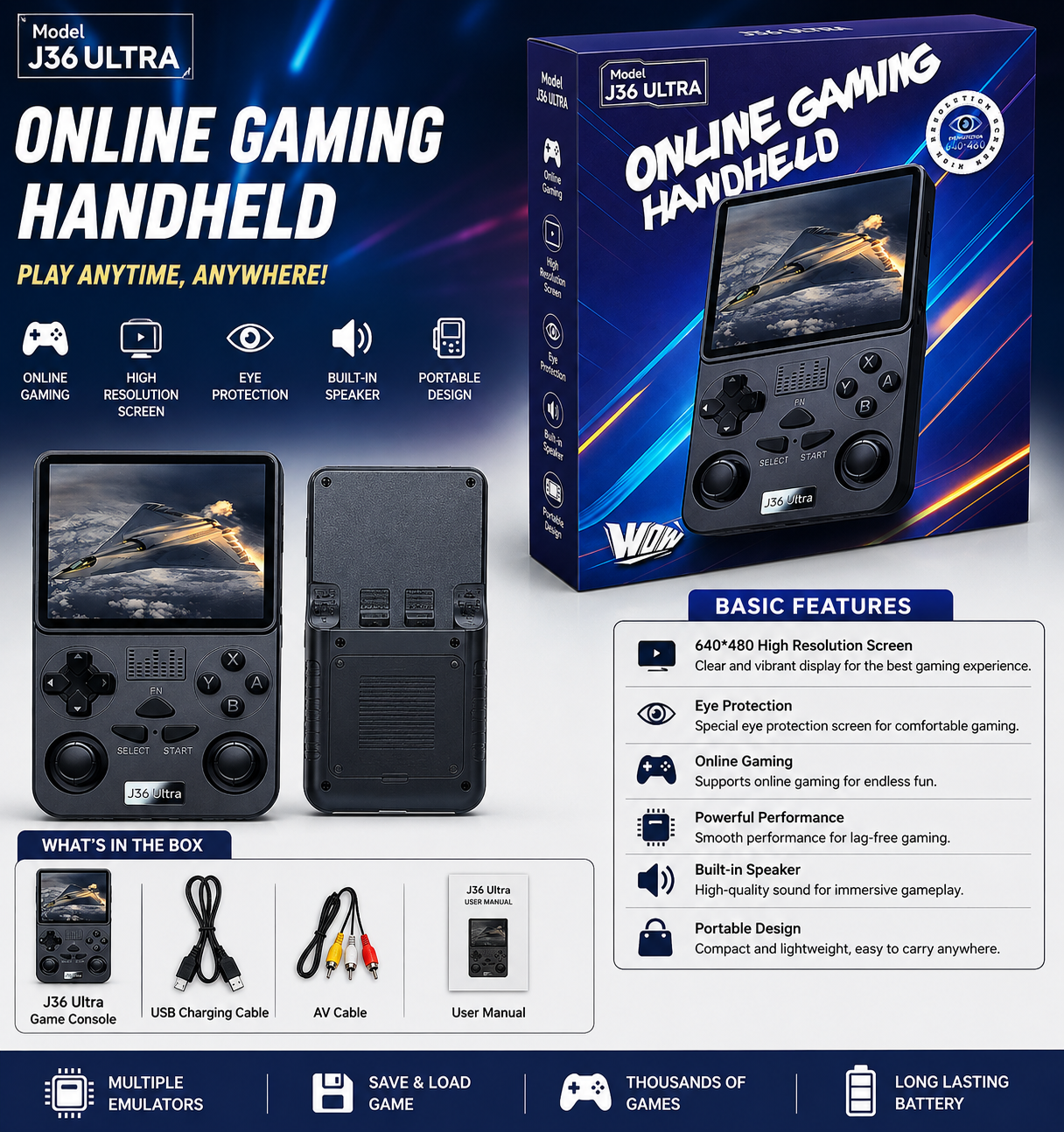 J36 Ultra Handheld Game Console with 640×480 High Resolution Screen