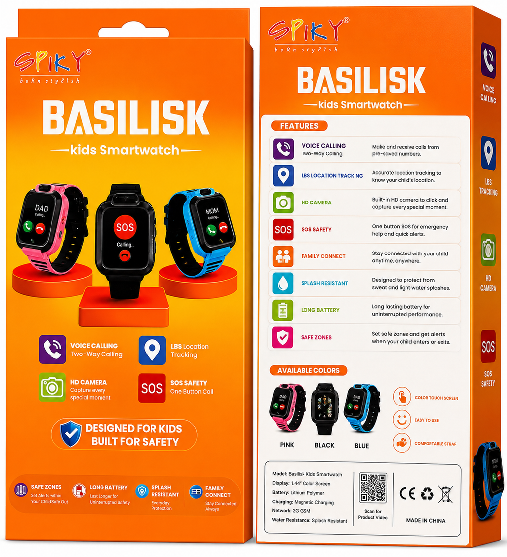 SPIKY BASILISK Kids Smartwatch with Voice Calling, LBS Location Tracking, HD Camera Black