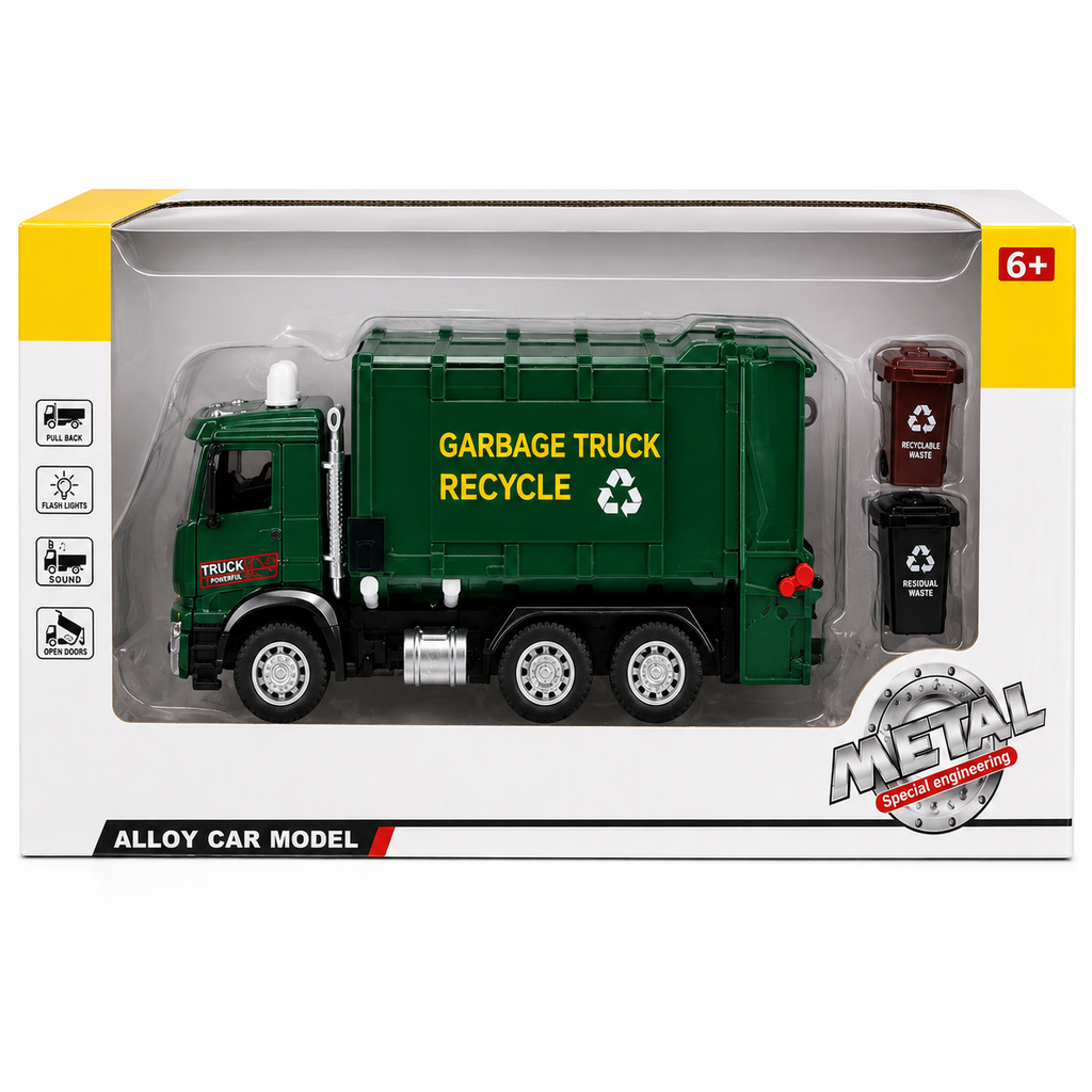 Metal Garbage Truck Recycle Vehicle Light and Sound Toy for Kids – Green