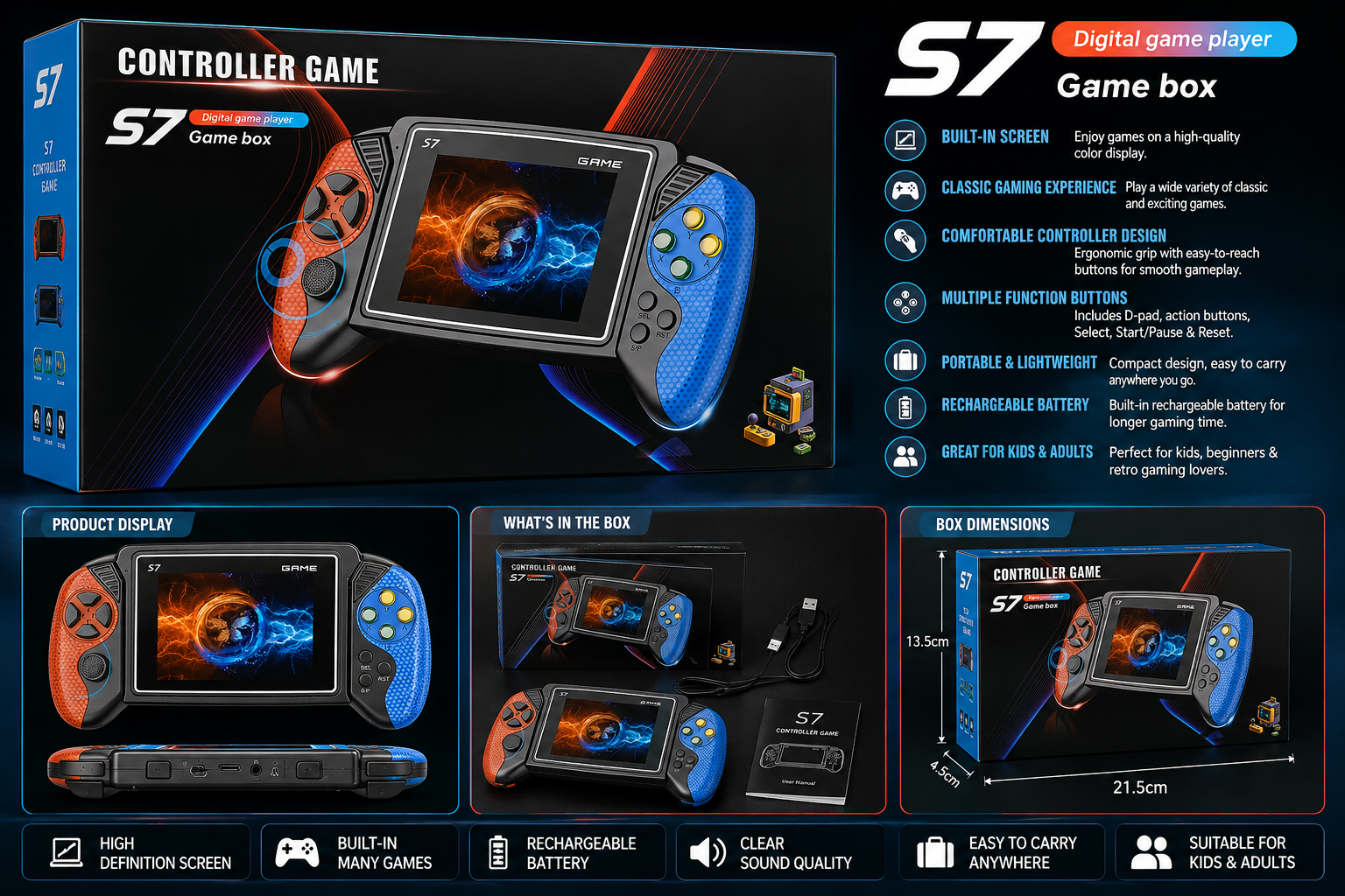 S7 Digital Game Player – Portable Handheld Controller Game Console for Kids