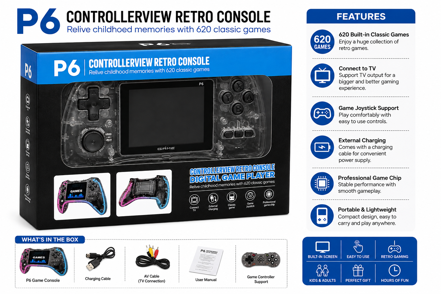 P6 Retro Game Console with 620 Classic Games & TV Support