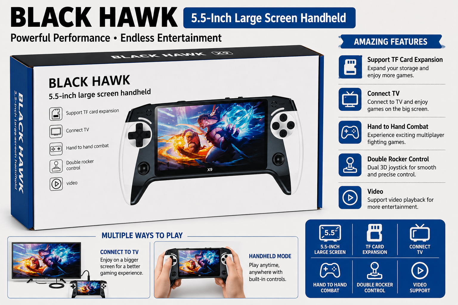 BLACK HAWK 5.5-Inch Handheld Game Console with TV Support & TF Card Expansion