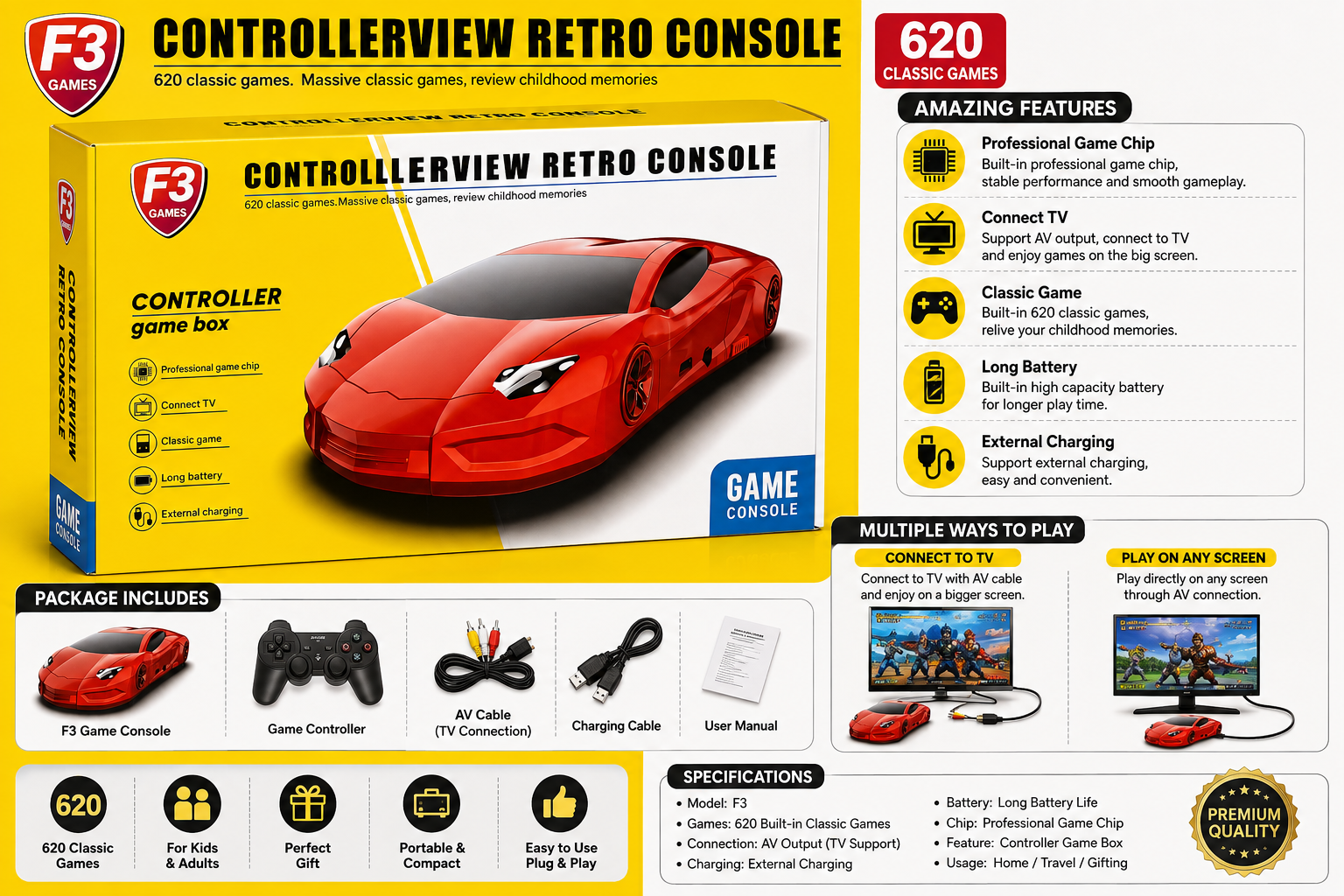 F3 Controller Retro Game Console with 620 Classic Games & TV Support