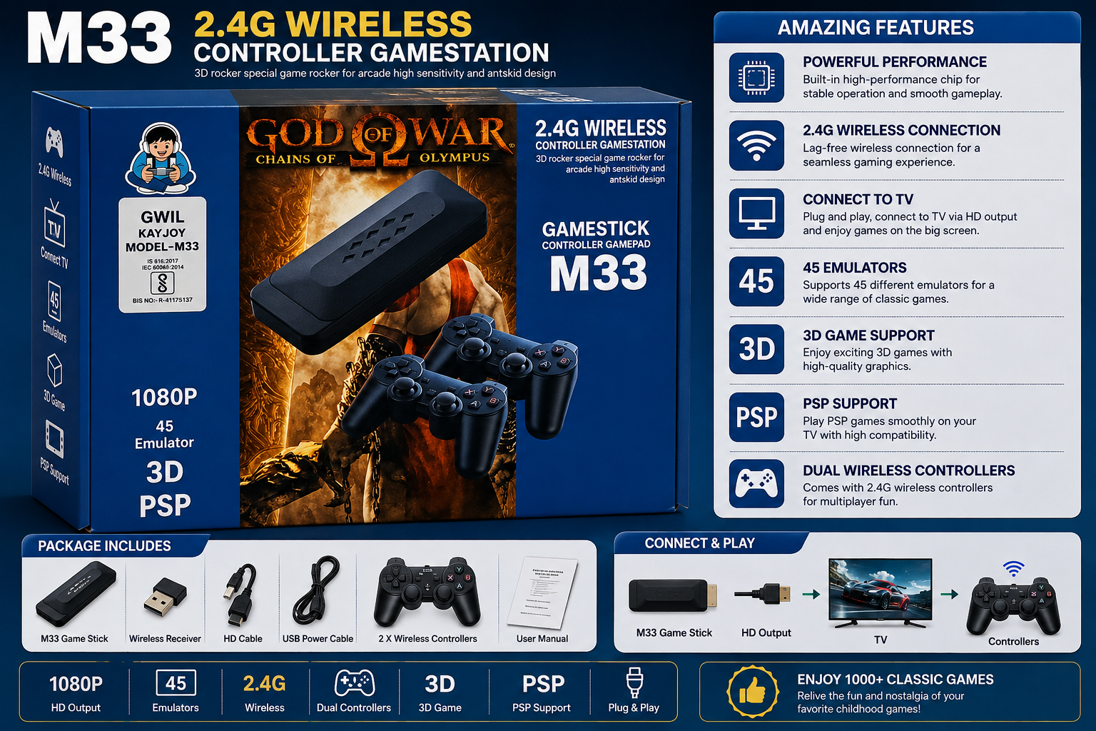 M33 2.4G Wireless Game Station 1080P with 45 Emulators & Dual Controllers