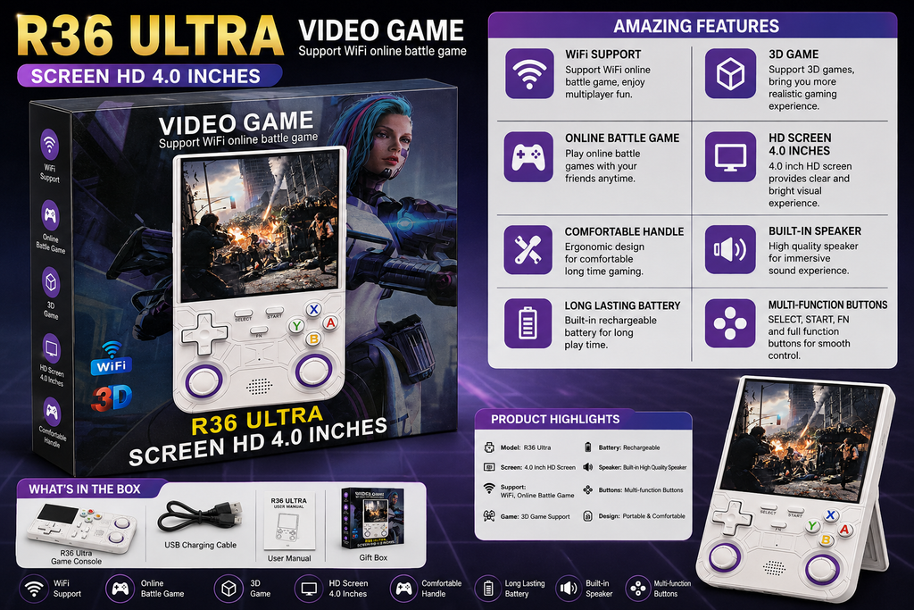 R36 Ultra Handheld Game Console 4.0-Inch HD Screen with WiFi & 3D
