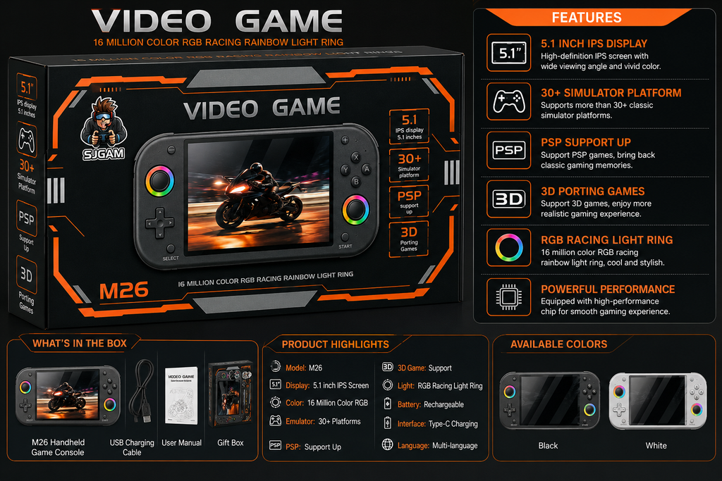 SJGAM M26 Handheld Game Console 5.1-Inch IPS Display with PSP & 3D Support