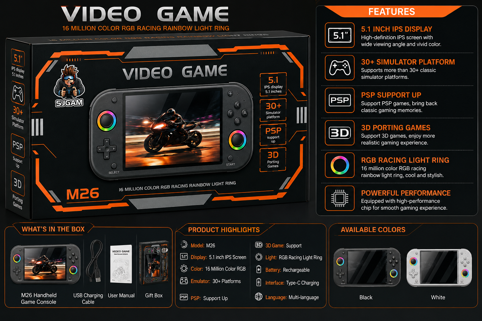 SJGAM M26 Handheld Game Console 5.1-Inch IPS Display with PSP & 3D Support