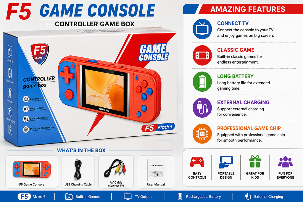 F5 Portable Game Console with Classic Games, TV Support & Long Battery