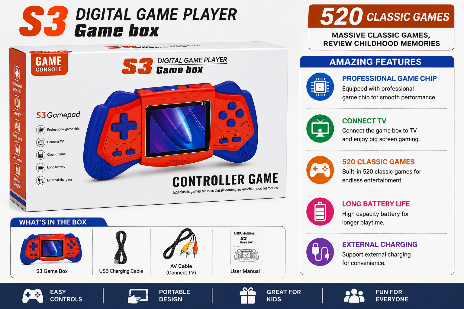 S3 Digital Game Player with 520 Classic Games, TV Support & Gamepad