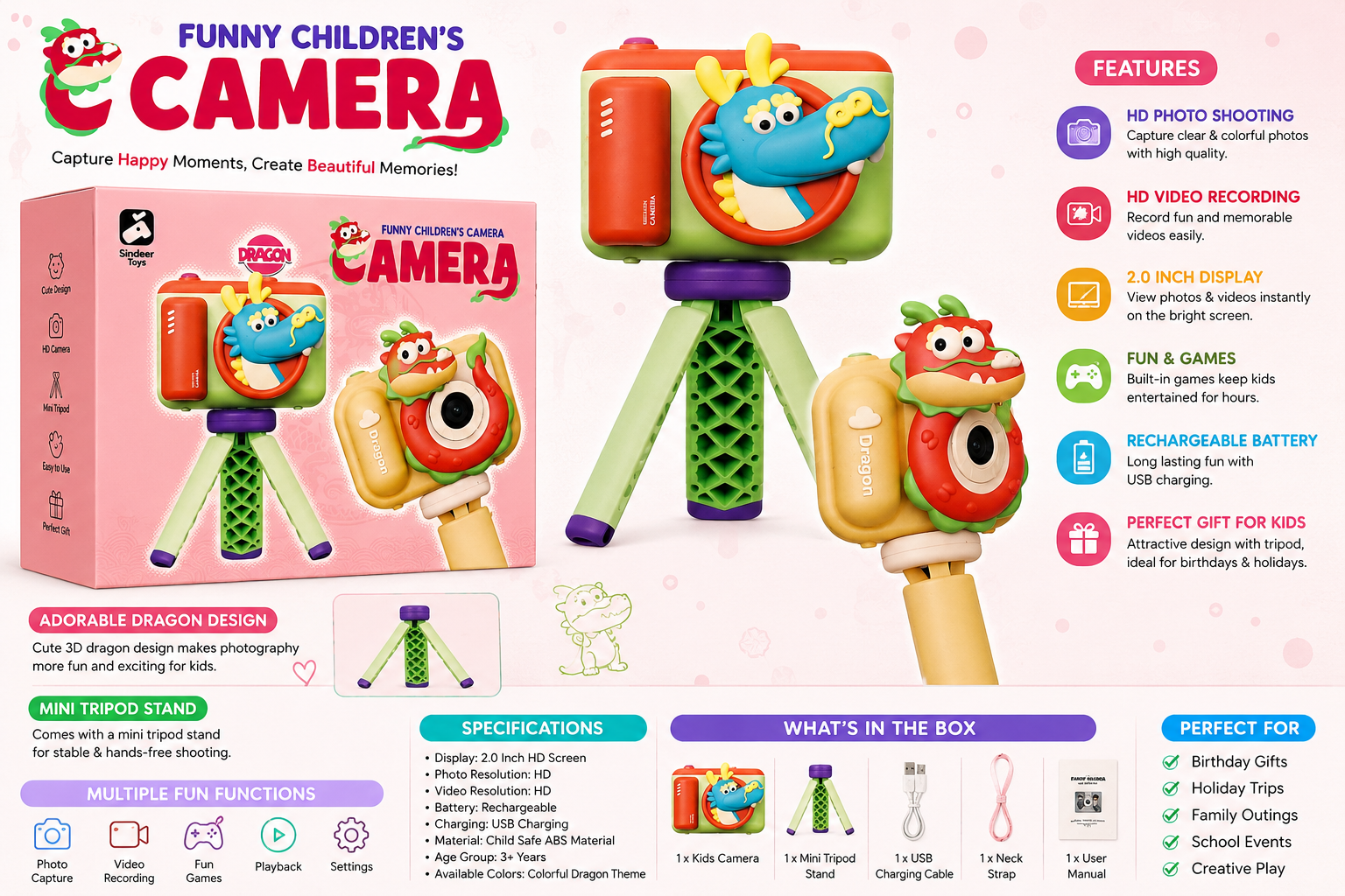 Sindeer Toys Dragon Kids Digital Camera with Mini Tripod Stand Assorted Color