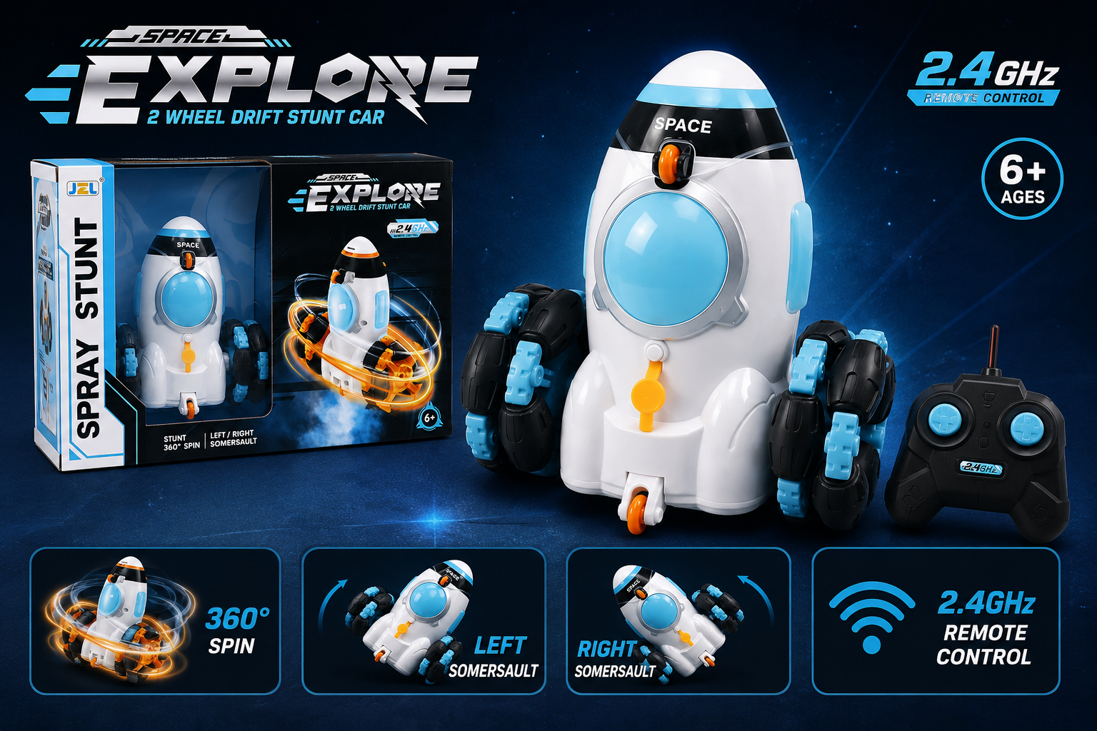 Remote Control Space Explore 2-Wheel RC Drift Stunt Car with 360° Spin