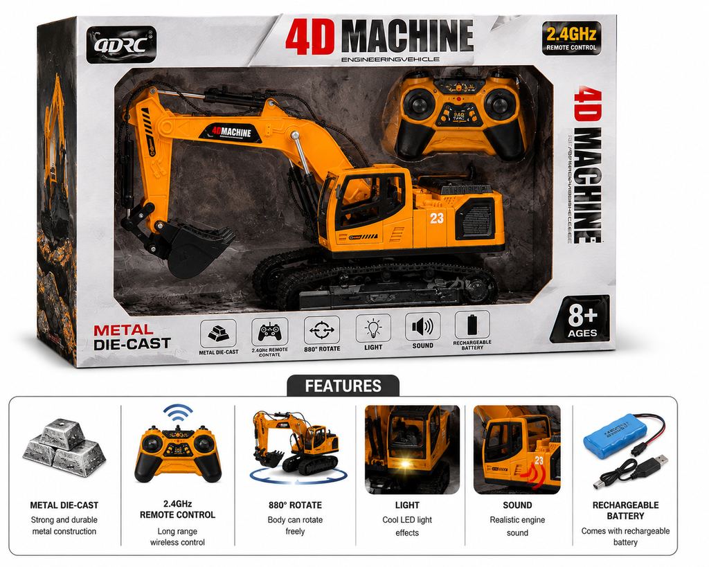 Remote Control 4D Machine Metal Die-Cast RC Excavator Construction Vehicle