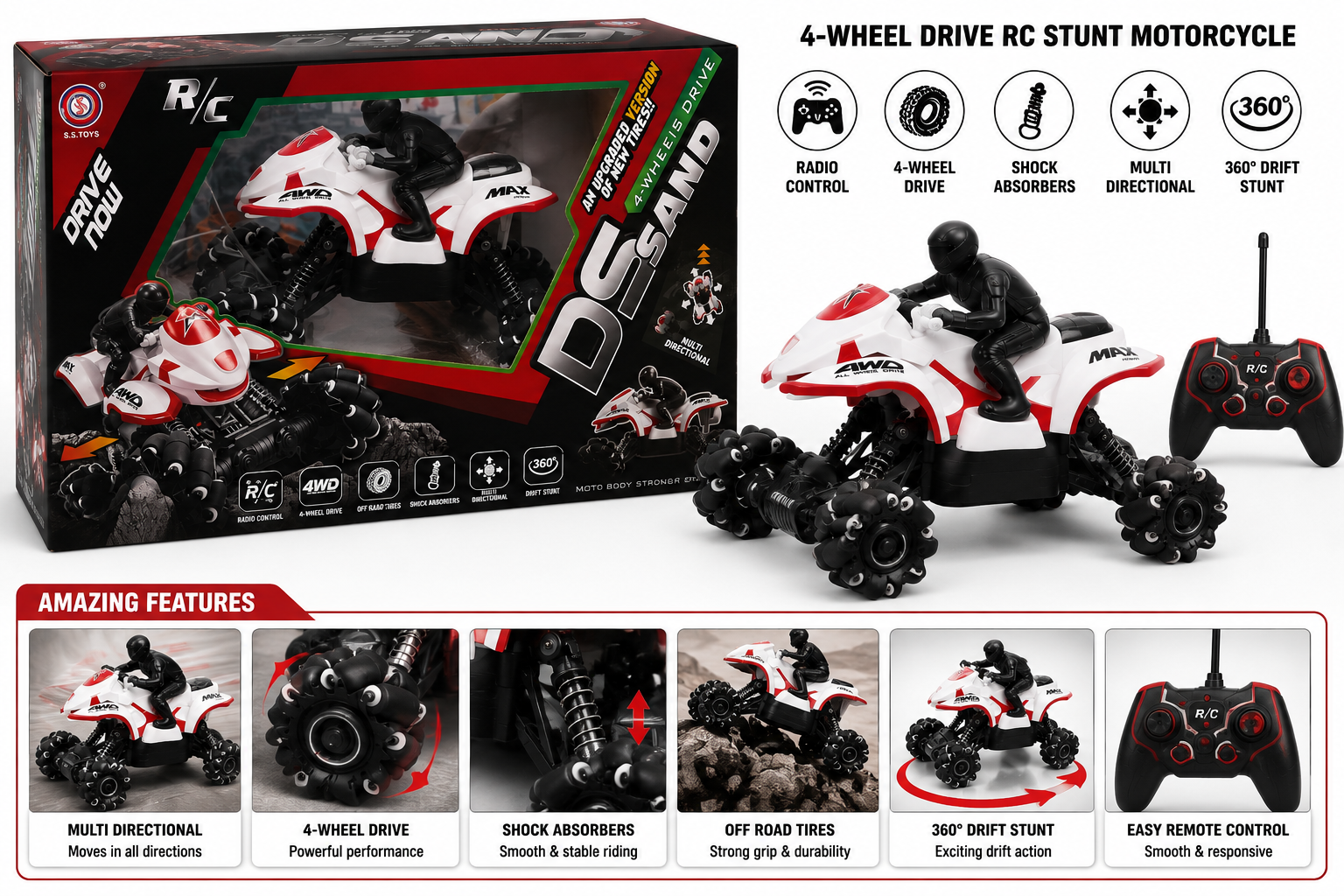 Remote Control Drift Stunt Motorcycle 4-Wheel Drive Multi-Directional Bike