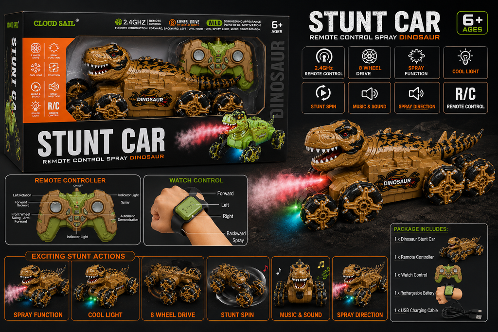 Cloud Sail Remote Control Dinosaur Stunt Car with Spray, Lights & Music – 2.4GHz