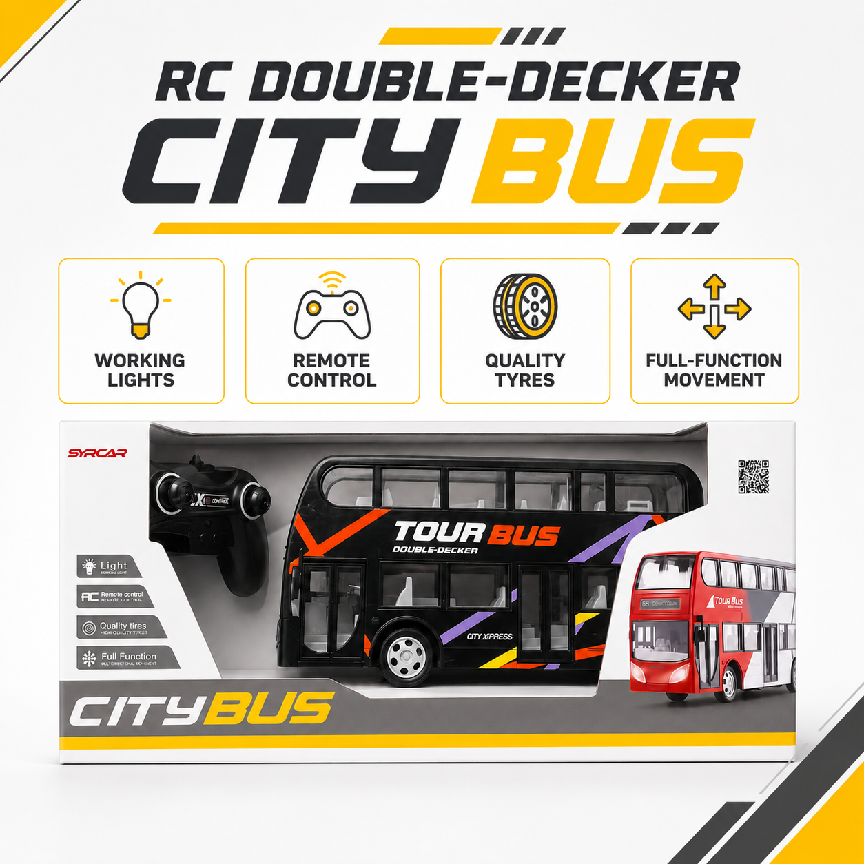 SYRCAR Remote Control Double-Decker City Tour Bus with Lights