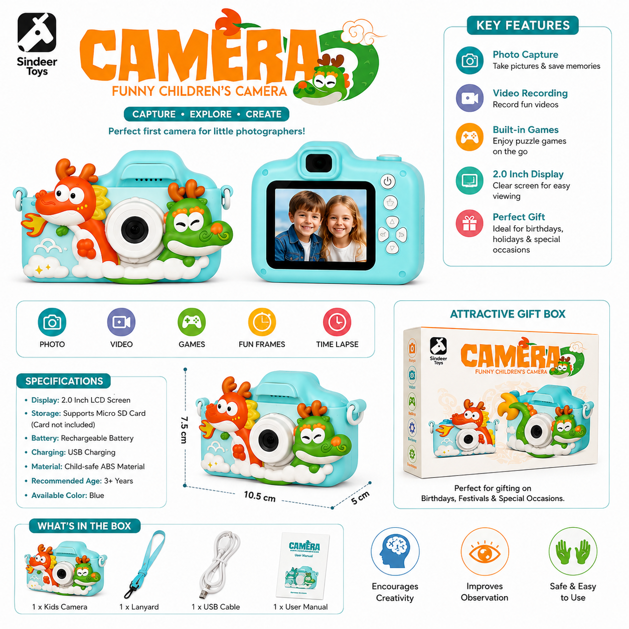 Rainbow Toys Funny Children’s Digital Camera – Cute Dragon Design for Kids