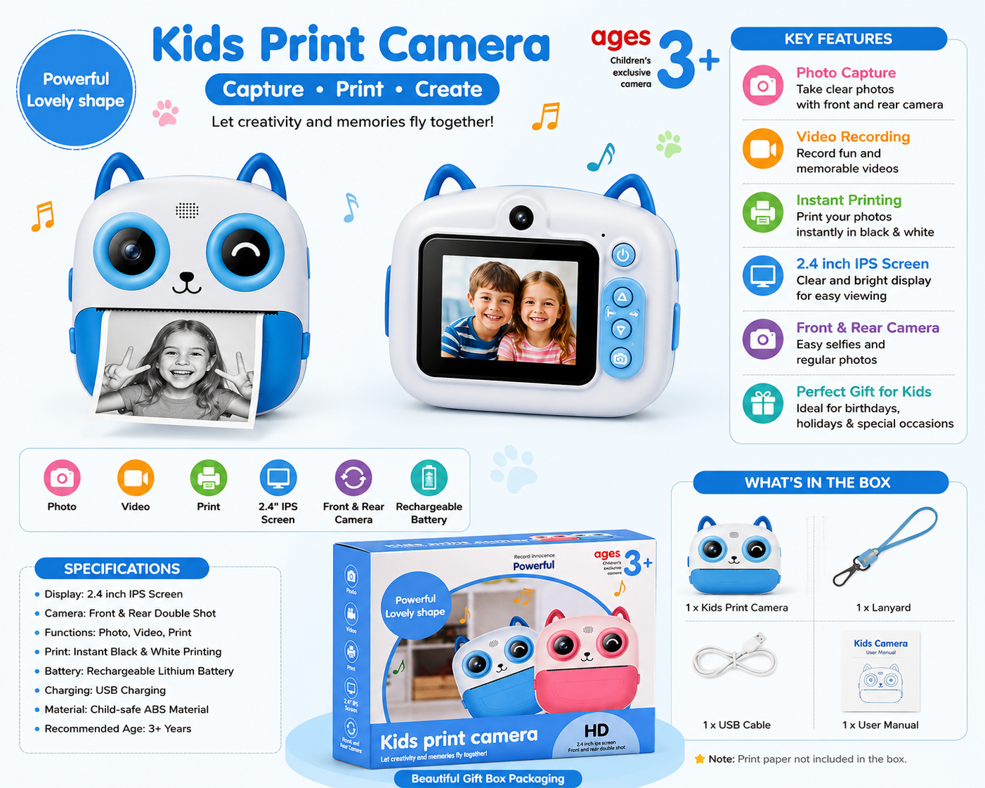 Kids Instant Print Camera with 2.4" IPS Screen – Cute Camera for Kids assorted color