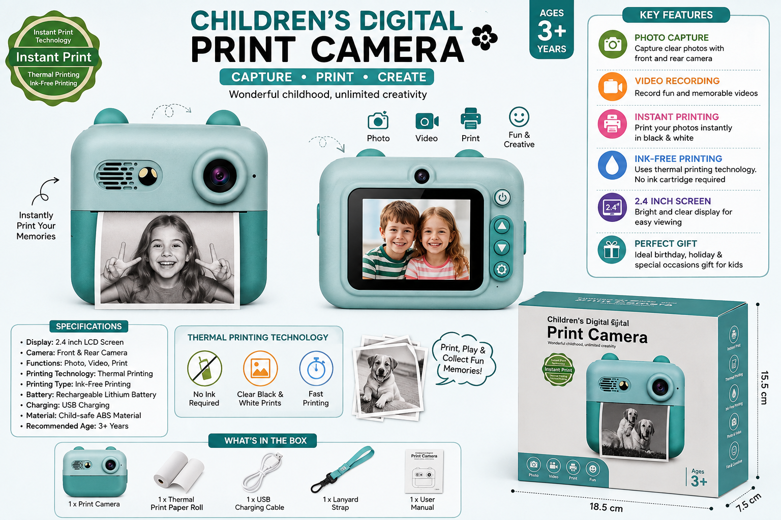 Kids Digital Instant Print Camera – Ink-Free Thermal Printing Camera assorted Color