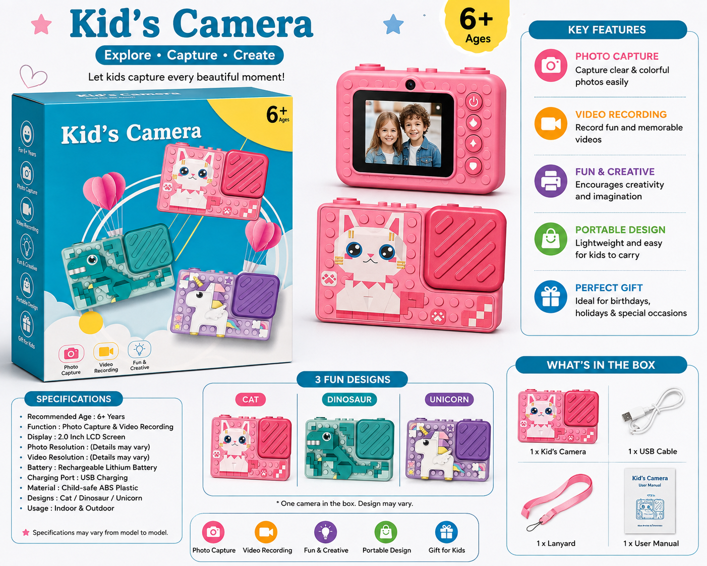 Kids Digital Camera – Creative Brick Style Camera Assorted Color