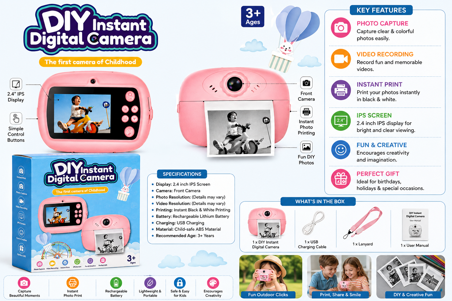 DIY Instant Digital Print Camera for Kids – Photo & Print Camera Assorted Color