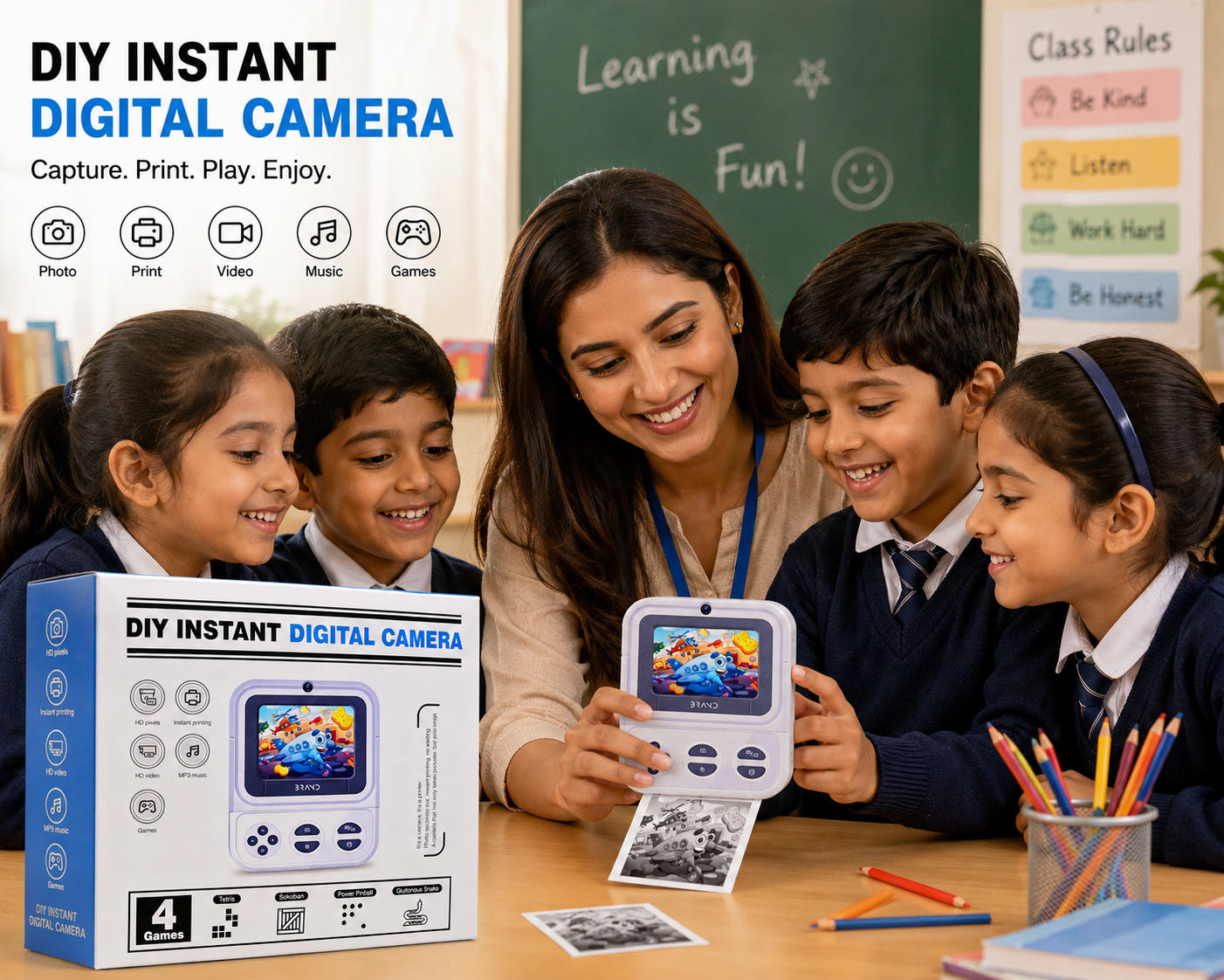 DIY Instant Digital Print Camera for Kids – HD Photo, Video, Music & Games Assorted Color