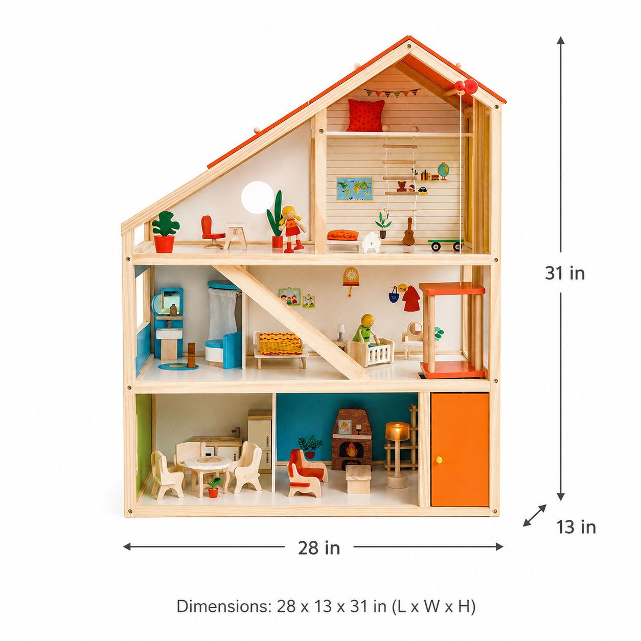 Rainbow Toys Open wooden dollhouse – 2 floors with furniture