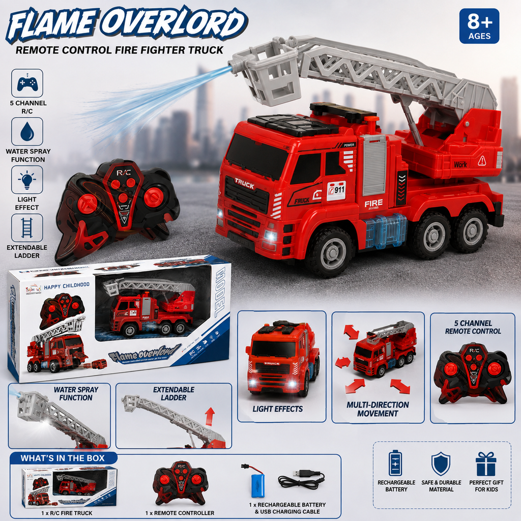 Remote Control Fire Fighter Truck with Extendable Ladder & Water Spray Function
