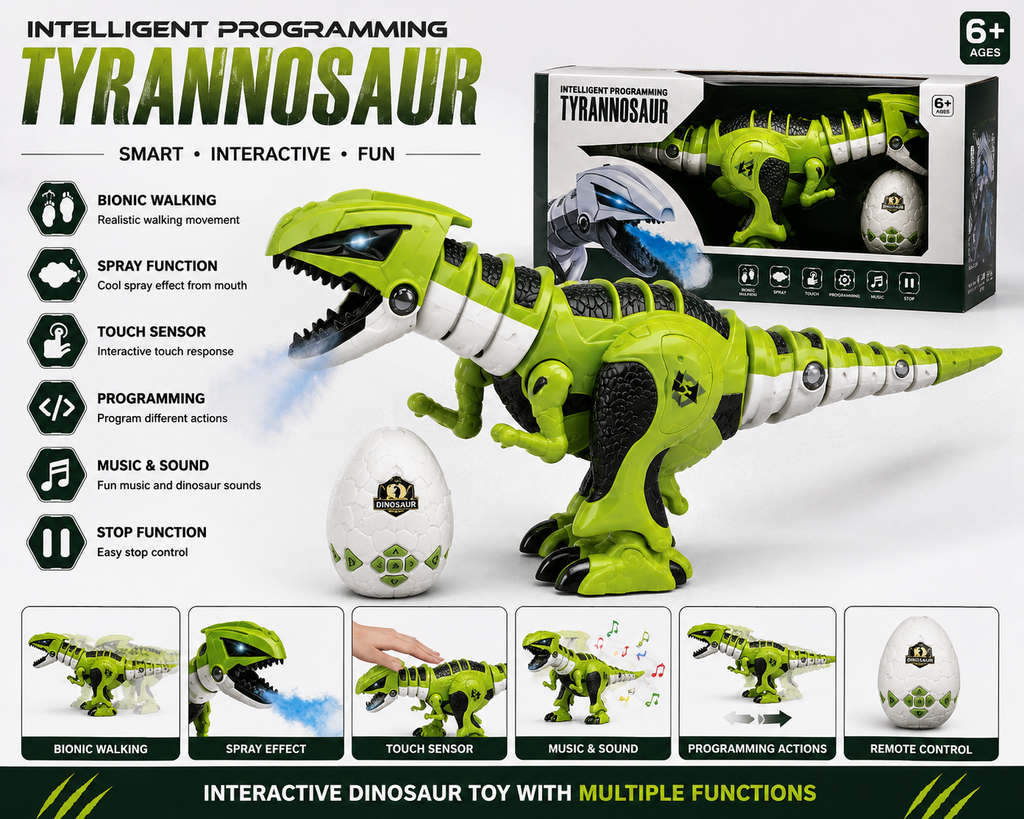 remote Control Intelligent Programming Tyrannosaur Interactive Dinosaur Toy with Spray, Touch & Music